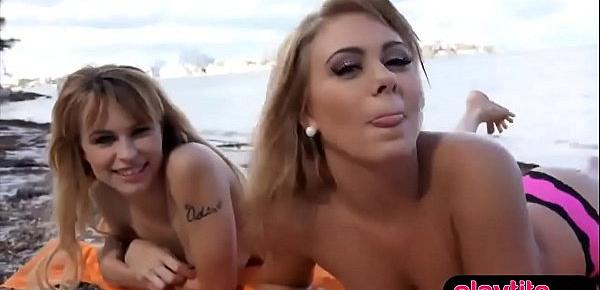  Beach trip with two teens ends in a double blowjob and sex